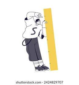 Tiny student holding ruler, measuring size and length. Man character, designer, engineer with big measurement tool in hand. Education concept. Flat vector illustration isolated on white background