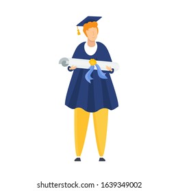 Tiny student holds a scroll in his hands. Getting a diploma. Metaphor of learning, knowledge, and education. Graduation high school celebration. Flat vector concept.