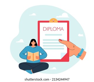 Tiny Student And Huge Female Hand Holding Diploma. Girl Reading Book, Studying Or Learning Flat Vector Illustration. Education, Graduation Concept For Banner, Website Design Or Landing Web Page