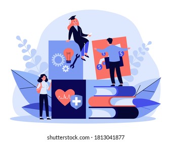 Tiny student learning in different fields. Engineering, finance, medicine flat vector illustration. Study and education concept for banner, website design or landing web page