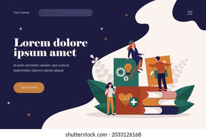 Tiny student learning in different fields. Engineering, finance, medicine flat vector illustration. Study and education concept for banner, website design or landing web page