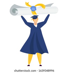 Tiny student raised a huge scroll over his head. Getting a diploma. Metaphor of learning, knowledge, and education. Graduation high school celebration. Flat vector concept.