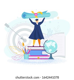 Tiny student raised a huge scroll over his head. Getting a diploma. Metaphor of learning, knowledge, and education. Graduation high school celebration. Flat vector concept.