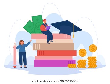Pequeño estudiante con beca sentado en los libros. Préstamos estudiantiles, pago de cuotas escolares, universitarias o universitarias ilustraciones vectoriales planas. Educación, finanzas, concepto de economía para banner