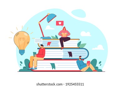 Tiny student sitting on book pile and reading flat vector illustration. Cartoon bookworm people studying and getting new knowledge. Library, literature and education concept