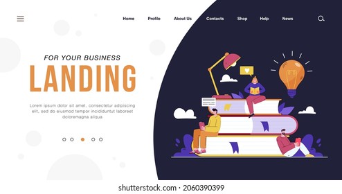 Tiny student sitting on book pile and reading flat vector illustration. Cartoon bookworm people studying and getting new knowledge. Library, literature and education concept