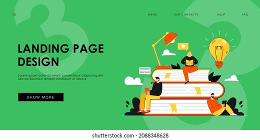 Tiny student sitting on book pile and reading flat vector illustration. Cartoon bookworm people studying and getting new knowledge. Library, literature and education concept