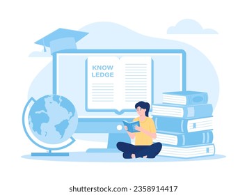 Tiny student sitting on book pile and reading, glossary
 trending concept flat illustration