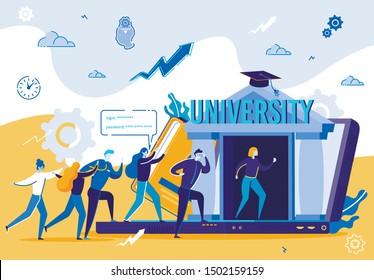 Tiny Students Characters Enter Online University on Huge Laptop Screen Using Login and Password for Access Web Page for Studying, Internet Technologies, Education Cartoon Flat Vector Illustration