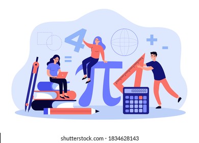 Tiny students learning math in college isolated flat vector illustration. Cartoon geometry figures, algebra formulas and symbols. Guy with ruler, ladies studying. Education and school concept