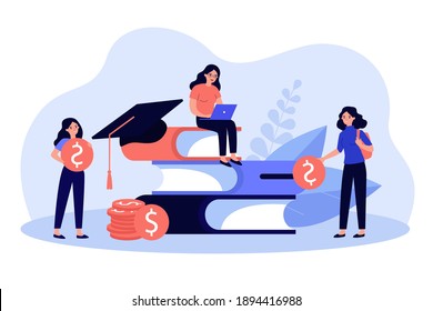 Tiny students near pile of big books learning for scholarship flat vector illustration. Cartoon people getting money loan for college. Education investment and finance concept