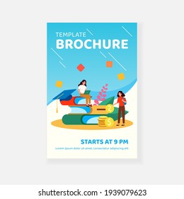 Tiny students near pile of big books learning for scholarship flat vector illustration. Cartoon people getting money loan for college. Education investment and finance concept