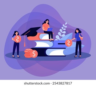 Tiny students near pile of big books learning for scholarship flat vector illustration. Cartoon people getting money loan for college. Education investment and finance concept