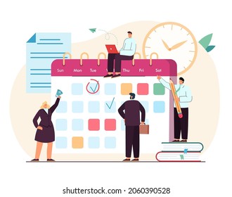 Tiny students and office person in process of making plan to reach aims in time. Business schedule with filling course campaign flat vector illustration. Calendar, media content, education concept