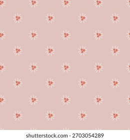 Tiny stylized floral dots arranged evenly on a soft pink background. Seamless vector pattern ideal for textiles wallpaper and surface design.