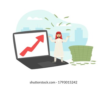 Tiny Successful Arab Businessman Standing in front of Huge Laptop Computer with Ascending Graph and Pile of Dollar Bills Flat Vector Illustration