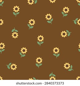 Tiny sunflower seamless pattern on brown background. Hand drawn small yellow sunflowers with sage green leaves scatter repeat pattern.