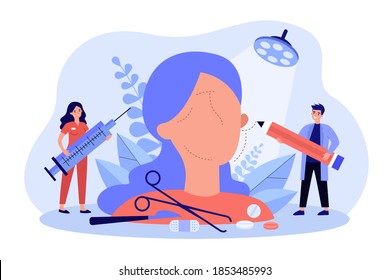 Tiny surgeons preparing abstract face for plastic surgery flat vector illustration. Cartoon medical aid cosmetic procedure and examination of patient. Healthcare and beauty correction concept