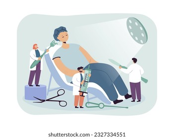 Tiny surgeons preparing tools for operation vector illustration. Doctors with scalpel, syringe and forceps operating on lying patient. Health care, plastic surgery, beauty correction concept