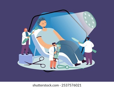 Pequenos cirurgiões preparando ferramentas para a ilustração do vetor de operação. Médicos com bisturi, seringa e fórceps operando em paciente mentiroso. Saúde, cirurgia plástica, conceito de correção de beleza