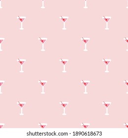 Tiny sweet cherry cocktail seamless pattern. Berry drink on pink background. Cute small-scaled summer cocktail party fashion design Vector illustration