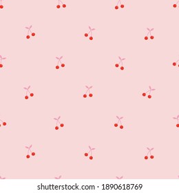 Tiny sweet cherry seamless pattern. Berry coupled on pink background. Cute small-scaled summer fruit fashion design Vector illustration