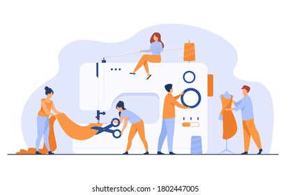 Tiny tailors creating outfit and apparel on sewing machine flat vector illustration. Cartoon women and men working with mannequin. Fashion design industry and textile business concept