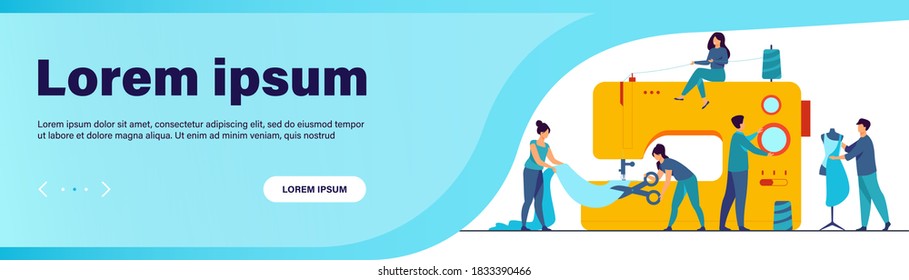 Tiny tailors creating outfit and apparel on sewing machine flat vector illustration. Cartoon women and men working with mannequin. Fashion design industry and textile business concept