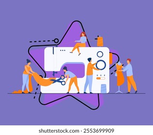 Tiny tailors creating outfit and apparel on sewing machine flat vector illustration. Cartoon women and men working with mannequin. Fashion design industry and textile business concept