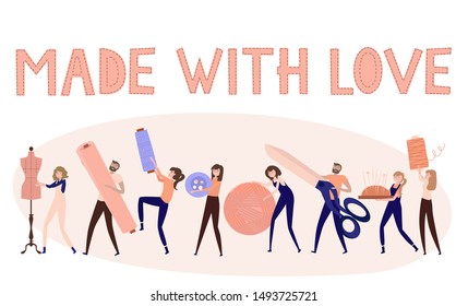 Tiny tailors with huge tools for sewing in their hands, threads, buttons, scissors, yarn, mannequin. Concept of Hand Made work or Sewing Studio. Editable vector illustration