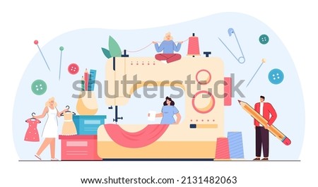 Tiny tailors on huge sewing machine flat vector illustration. Man and women creating outfits, apparel or garments together. Client fitting dresses. Fashion industry, job, business concept