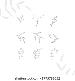 Tiny tattoo floral design set in doodle style isolated bouquets black contour hand drawing on white background. Botanical vector decoration print outline sketch illustration. Boho logo.