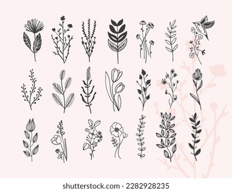 tiny tattoo flower plant design set, vector illustration