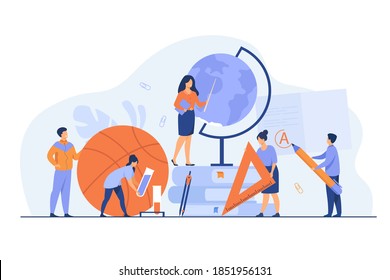 Tiny teachers with educational tools and stationery isolated flat vector illustration. Cartoon teachers of different disciplines as geography, math and physical culture. Education and school concept