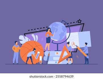 Tiny teachers with educational tools and stationery isolated flat vector illustration. Cartoon teachers of different disciplines as geography, math and physical culture. Education and school concept