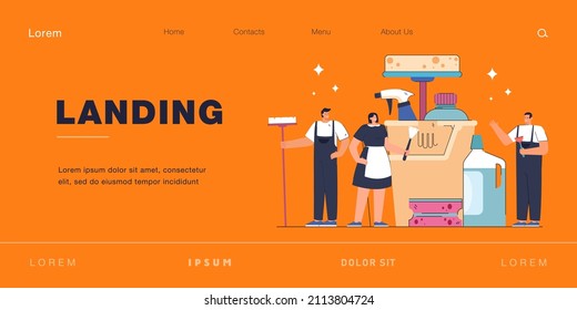 Tiny team of cleaners and huge professional equipment. Flat vector illustration. Men and women in uniforms cleaning up, removing dirt professionally. Cleaning service, staff concept for banner design