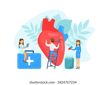 Tiny Team of Doctors Examining and Treating Huge Human Heart, Medical Stuff Examining Internal Organ and Making Diagnosis Flat Vector Illustration