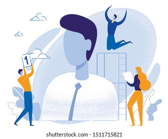 Tiny Team People and Huge Male Portrait. Team Working on Creation Potential Winner, Leader Taking First Place in Business Competition. Leadership. Career Growth. Cartoon Vector Flat Illustration