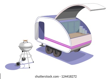 Tiny teardrop trailer- Parked and ready to cook supper, haul behind your car -a fun way to go camping. Vector with no gradients or 3D effects, easy to edit! svg