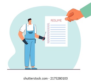Tiny technician or electrician and hand holding perfect resume. Engineer searching for job flat vector illustration. Maintenance, employment, recruitment concept for banner or landing web page