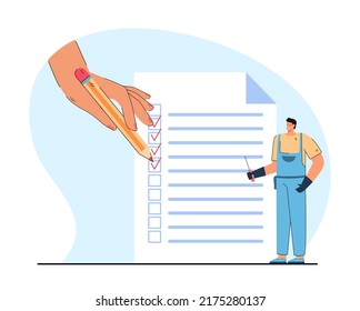 Tiny technician or repairman and huge hand with checklist. Handyman with screwdriver, customer checking boxes flat vector illustration. Repair service, maintenance concept for banner or landing page