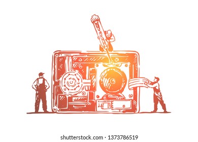 Tiny technicians fixing old fashioned camera, repair shop, handyman working with screwdriver. Professional photography equipment maintenance service concept sketch. Hand drawn vector illustration