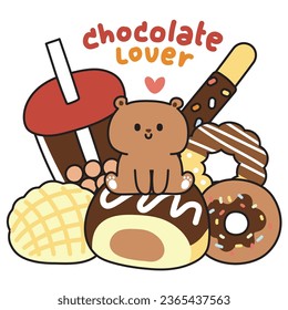 Pequeño oso oso de peluche sentado en una panadería de fondo blanco. Diseño de caricaturas de personajes. Pan de chocolate, té de leche de burbuja, dibujado a mano. Dulce y postre. Kawaii.Vector.Ilustración.