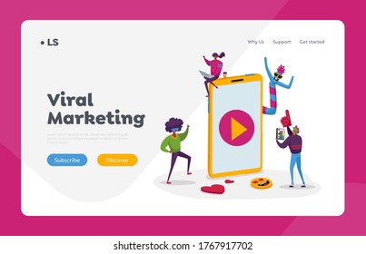 Tiny Teenager Characters Dance and Watching Funny Viral Video on Smartphone Landing Page Template. Huge Mobile Phone with Play Button, Smiles Emoji and Heart Icons. Cartoon People Vector Illustration