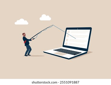 Tiny thief businessman  going phishing on the internets. Flat vector illustration