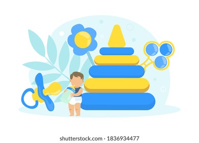 Pequeño niño pequeño con accesorios para el cuidado de bebés, productos para bebés y vectores de dibujos animados para juguetes Ilustración