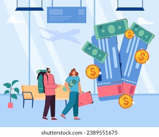 Tiny tourists in airport and huge expensive tickets vector illustration. Money banknotes and coins. Decline in tourism, high prices for tickets, travelling concept