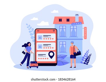 Tiny tourists booking hotel online flat vector illustration. Abstract search or choice of hostel and apartments via internet. Trip, vacation and accommodation concept