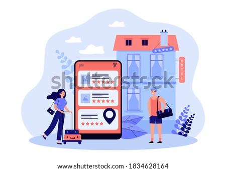Tiny tourists booking hotel online flat vector illustration. Abstract search or choice of hostel and apartments via internet. Trip, vacation and accommodation concept