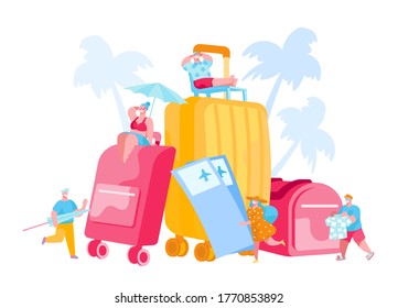 Tiny Tourists Characters at Huge Luggage and Tickets with Palm Trees. People Prepare to Go on Summer Time Vacation, Travel on Tropical Country Resort with Suitcase Bags. Cartoon Vector Illustration